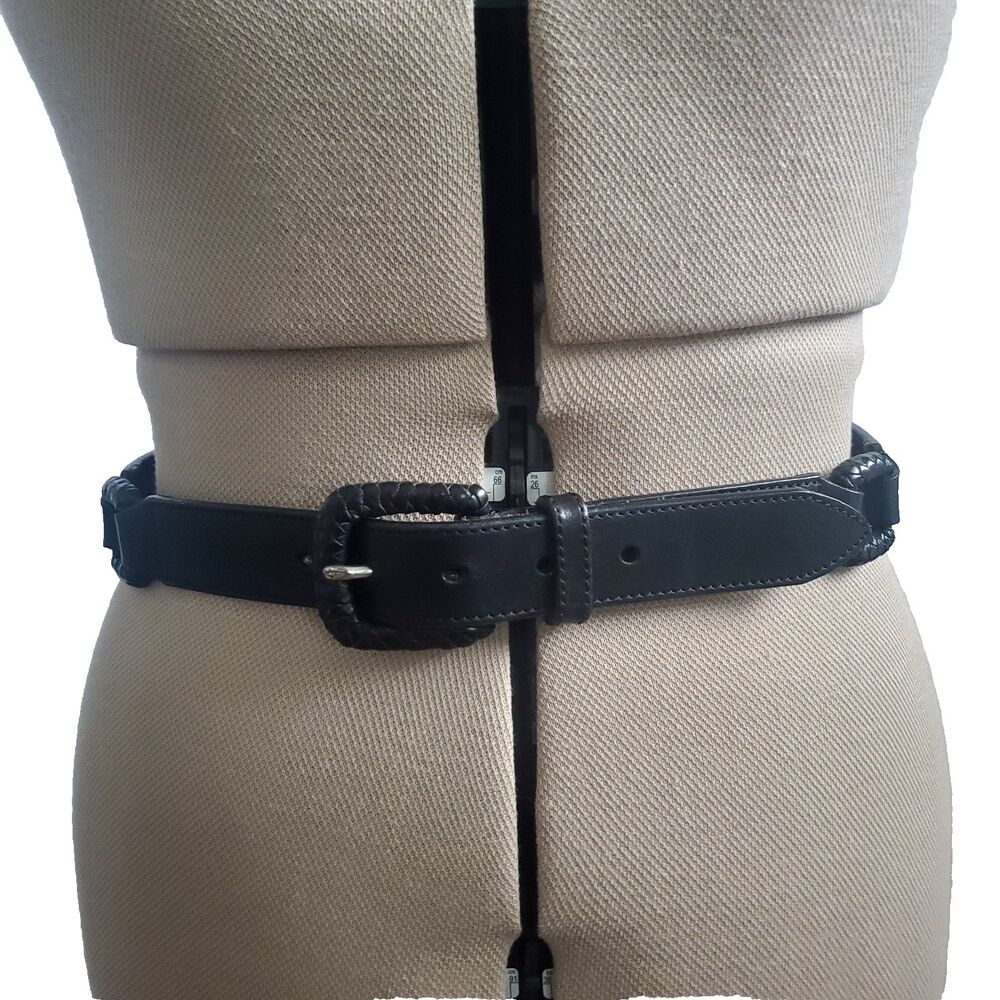 Vintage Fossil Black Leather Belt Medium Interlocking Ring Y2K Waist Belt - Picture 2 of 16
